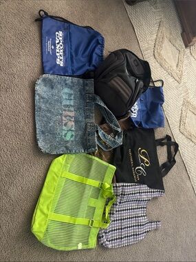 Lot of 8 misc bags. 1 large OGIO backpack, 2 blue small backpacks, GUESS bag, 4